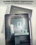 All-In-One Sewing Planner with sewing machine and mannequin on cover, available in physical and digital formats.