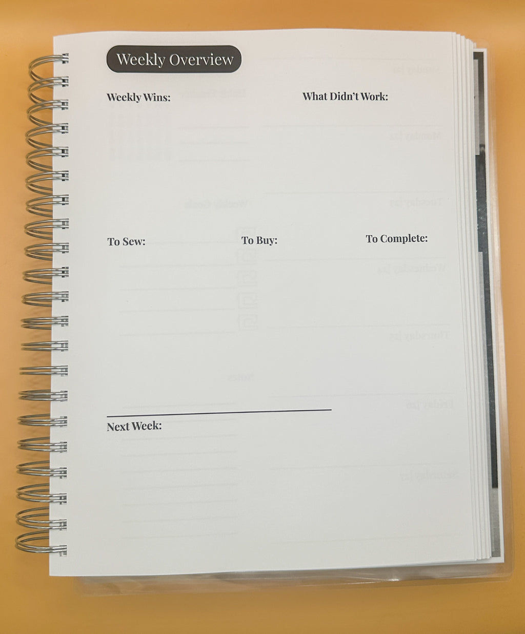 Weekly sewing planner layout with sections for 'Weekly Wins', 'What Didn't Work', 'To Sew', 'To Buy', for organizing projects.